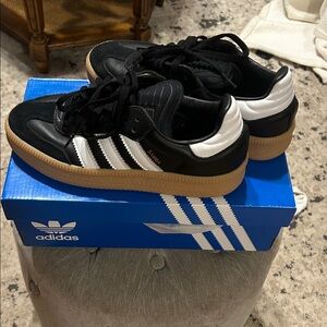 Adidas Kids Black and White Sneakers with Gum Sole